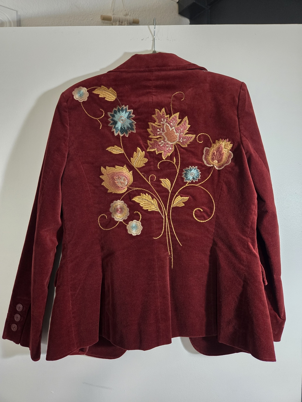 CAbi Burgundy Velvet Blazer with Multicolor Floral Embroidery